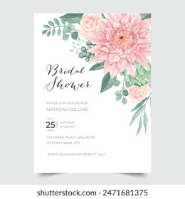 Bridal Shower Invitation Card with Delicate Dahlia flowers, Watercolor floral wedding invitation	