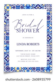 Bridal shower invitation card with Mediterranean, Portuguese, Positano, Italian blue and yellow tile. Amalfi style wedding announcement postcard. Elegant modern printable template. Vector illustration