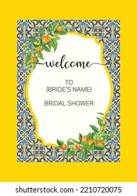 Bridal Shower invitation card template. Script calligraphy vector lettering. yellow background with tiles pattern design and bunch of orange fruit, leaf vector illustration