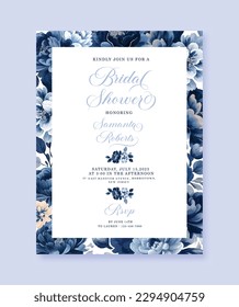 Bridal Shower Invitation Card Template With Vintage Blue Floral Design