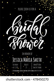Bridal Shower Invitation Card Template. Classic Gold Calligraphy Vector Lettering. Black Background With Golden Glittering Dot Pattern Decoration