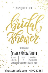 Bridal Shower Invitation Card Template. Classic Gold Calligraphy Vector Lettering. White Background With Golden Glittering Dot Pattern Decoration