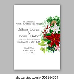 Bridal Shower invitation card template with winter bridal bouquet wreath flower Poinsettia Merry Christmas Party Invitation Baby shower  invitation Thank you card Wedding Invitation mason jar