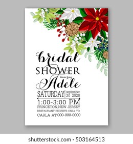 Bridal Shower invitation card template with winter bridal bouquet wreath flower Poinsettia Merry Christmas Party Invitation Baby shower  invitation Thank you card Wedding Invitation mason jar