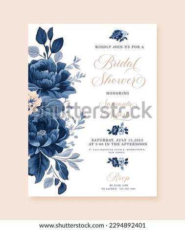Bridal Shower Invitation Card Template With Vintage Blue Floral Design