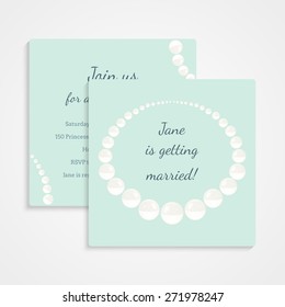 Bridal shower invitation card. Vector illustration. Cute design with white pearl necklace. Party accessory. 