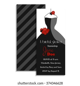 Bridal shower invitation card. Vector illustration. Classic design with wedding dress and roses. Party accessory. Noir style.