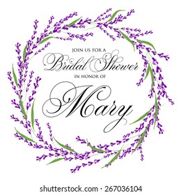 Bridal Shower invitation card with vintage watercolor lavender. Watercolor.Vector illustration. Illustration for greeting cards, invitations, and other printing projects.