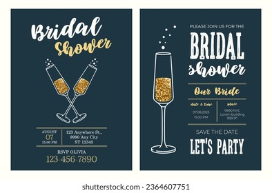 Bridal Dusche Einladungskarten Design Set. Illustration von Champagnerglas mit Glitter, Vektorgrafik. Bläschen Sekt, Hochzeitskonzept. Event, Party, Präsentation, Promotion, Menü.