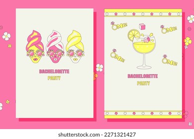 Bridal shower invitation cards in retro groovy style Vintage bachelorette party invite Templates for your design