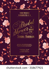 Bridal shower invitation with custom text and flower frame on the card. Marriage invitation template. Violet card and golden frame with pink flowers. Vector illustration.