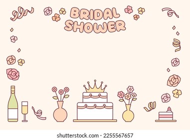 Bridal shower invitation. Decorated with cakes, champagne and flowers.