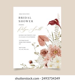 Bridal shower invitation design combining antique shades of dahlias and roses with delicate white orchids and peony