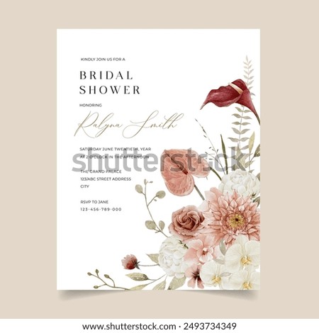 Bridal shower invitation design combining antique shades of dahlias and roses with delicate white orchids and peony