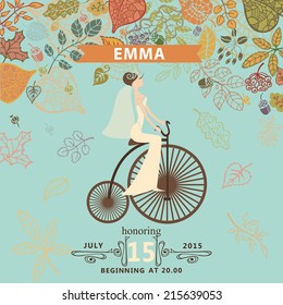 Bridal shower invitation with falling autumn leaves .Cute cartoon bride on retro bicycle with swirling border.Vector design template