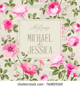 Bridal Shower invitation with flowers. Marriage design template with custom names in frame over gray background. Vector illustration.