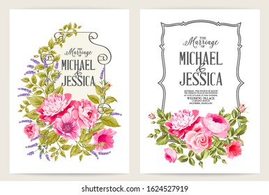 Bridal Shower invitation with flowers over white paper. Wedding menu, information, label and place card design with elegant pink garden rose. Vector illustration.