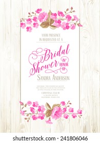 Bridal shower invitation with ivory background on wooden pattern, vintage floral invitation for spring or summer bridal shower. Vector illustration.