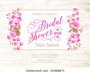 Bridal Shower Invitation With Ivory Background On Wooden Pattern, Vintage Floral Invitation For Spring Or Summer Bridal Shower. Vector Illustration.