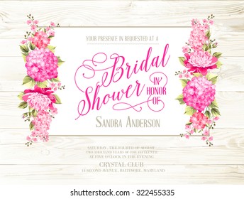 Bridal shower invitation with ivory label on wooden pattern. Vintage floral invitation for spring or summer bridal shower. Vector illustration.