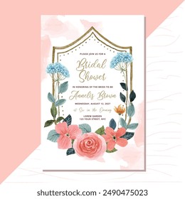 bridal shower invitation with peach blue floral watercolor frame