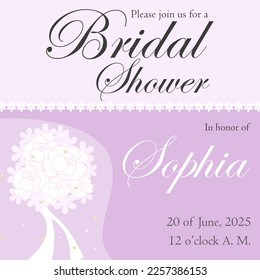 Bridal shower invitation with purple flowers with a wedding bouquet of white peonies and a wedding veil with sequins. Vector illustration