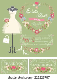 Bridal shower invitation set.Bridal dress and accessories with flowers wreath, hand writing text,swirling border.Wedding invitation,save date card, thank you card.Vector