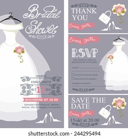 Bridal shower invitation set.Bridal wedding dress with bridal accessories,veil, hand writing text,pink ribbon,swirling border.Dress on mannequin.Wedding invitation, cards,RSVP.Vector