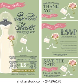 Bridal shower invitation set.Bridal wedding dress with veil and bridal accessories, hand writing text,pink ribbon,swirling border.Dress on mannequin.Wedding invitation, cards,RSVP.Vector