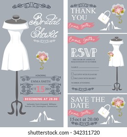 Bridal shower invitation set.Bride wedding dress,bouquet swirling borders,frames,accessories,lettering title,retro design.Save the date card, thank you card.Holiday Vector,fashion illustration