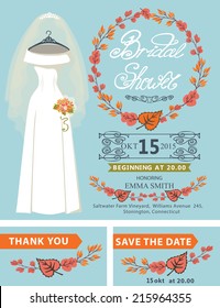 Bridal shower invitation set.Fall season.Bridal dress and veil with autumn leaves wreath, hand writing text,ribbon.Bridal shower invitation,save the date card, thank you card.Vector design template