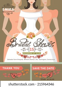 Bridal shower invitation set.Fall season.Portrait  of bride,bridesmaids with autumn leaves , hand writing text,ribbon.Bridal shower invitation,save the date card, thank you card.Vector design template