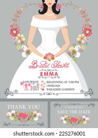 Bridal shower invitation set.Portrait  of bride with floral decor, hand writing text,swirling border.Bridal shower invitation,save the date card, thank you card.Vector design template