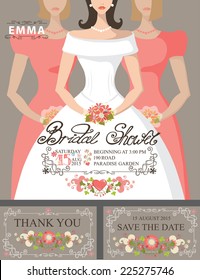 Bridal shower invitation set.Portrait  of bride,bridesmaids with floral decor, hand writing text,swirling border.Bridal shower invitation,save the date card, thank you card.Vector design template