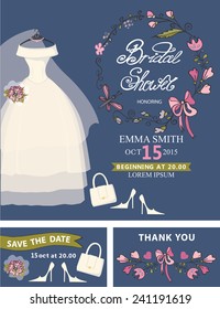 Bridal shower invitation set.Wedding dress and bridal accessories,floral wreath, hand writing text,ribbon.Dress on hanger.Wedding invitation,save date, thank you card.Cute vintage Vector