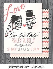 Bridal Shower Invitation with Skulls. Save the date. Wedding illustration. Vector Illustration with Skulls of Bride and Groom.