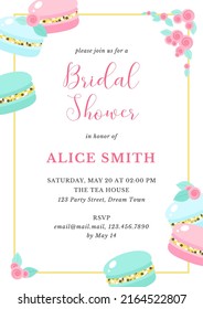 Bridal Shower Invitation Template. Bachelorette Party Background Decorated With Macarons And Roses. Vector 10 EPS.