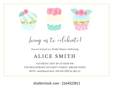 Bridal Shower Invitation Template. Bachelorette Party Background With Tree Creamy Cupcakes Decorated With Roses And Strawberries. Vector 10 EPS.
