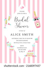 Bridal Shower Invitation Template. Bachelorette Party Frame Decorated With Champagne Bottle, Wine Glasses And Desserts On A Pink Striped Background. Vector 10 EPS.