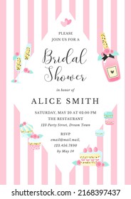 Bridal Shower invitation template. Bachelorette party frame decorated with champagne bottle, wine glasses and desserts on a pink striped background. Vector 10 EPS.