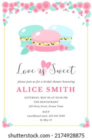 Bridal Shower Invitation Template. Beautiful Background With Illustration Of Three Macaroons Decorated With Roses. Vector 10 EPS.