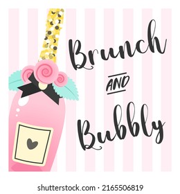 Bridal Shower Invitation Template. Brunch And Bubbly Bachelorette Party Background Decorated With Pink Champagne Bottle And Roses. Vector 10 EPS.