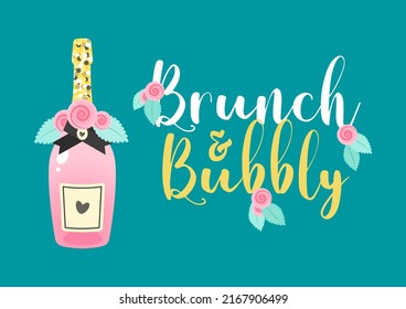 Bridal Shower Invitation Template. Brunch And Bubbly Background Decorated With Pink Champagne Bottle And Roses. Vector 10 EPS.
