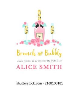 Bridal Shower Invitation Template. Brunch And Bubbly Background Decorated With Pink Champagne Bottle, Wine Glasses And Roses. Vector 10 EPS.