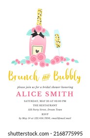 Bridal Shower Invitation Template. Brunch And Bubbly Bachelorette Party Background Decorated With Pink Champagne Bottle, Wine Glasses And Roses. Vector 10 EPS.