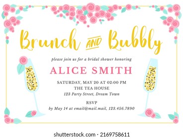 Bridal Shower Invitation Template. Brunch And Bubbly Bachelorette Party Background Decorated With Champagne Glasses And Roses. Vector 10 EPS.
