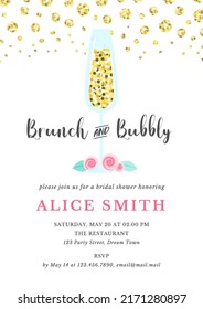 Bridal Shower Invitation Template. Brunch And Bubbly Bachelorette Party Background Decorated With Champagne Glass And Roses. Vector 10 EPS.
