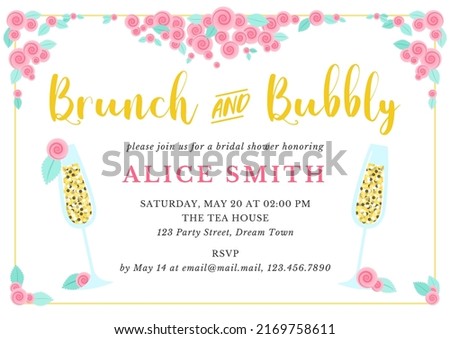 Bridal Shower invitation template. Brunch and bubbly bachelorette party background decorated with champagne glasses and roses. Vector 10 EPS.
