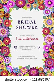 Bridal Shower Invitation Template. Cute and fancy colorful design. Bright vector illustration in doodle style. Decorative backdrop for invitation card, useful layout for marriage ceremony.