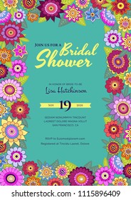 Bridal Shower Invitation Template. Cute and fancy colorful design. Bright vector illustration in doodle style. Decorative backdrop for invitation card, useful layout for marriage ceremony.